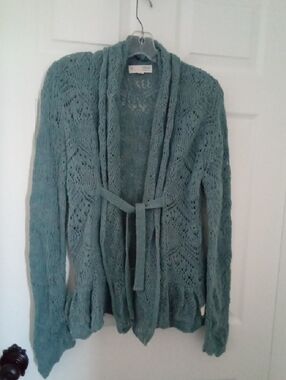Odd Molly Seafoam Open-Knit Pointelle Ruffled Scalloped Cardigan with Tie Belt